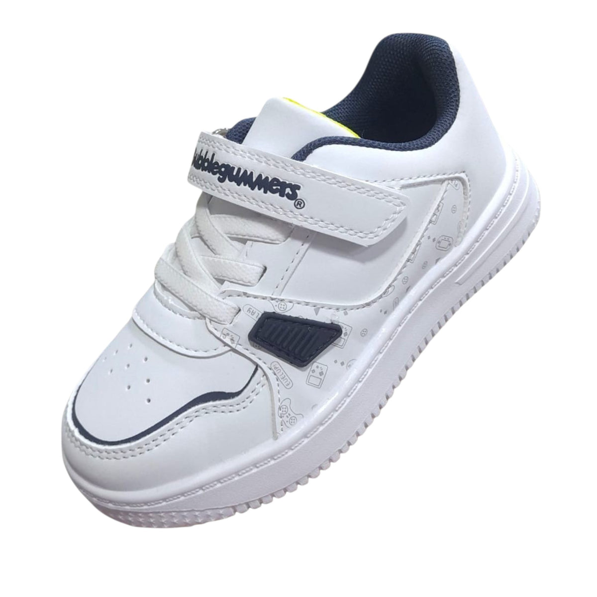 Tenis deportivos Calzakids Moritas Bubblegummers blancos con detalles azul marino, velcro y suela de goma resistente.