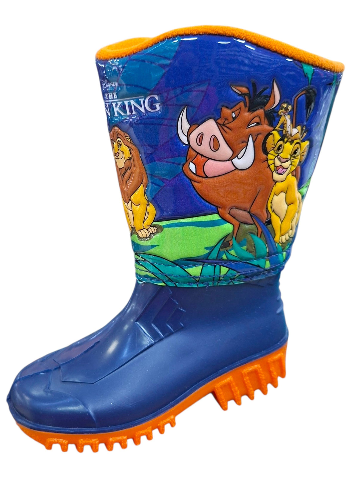 Botas de agua Calzakids Moritas azules de El Rey León con estampado de Simba, Timón y Pumba y suela naranja.