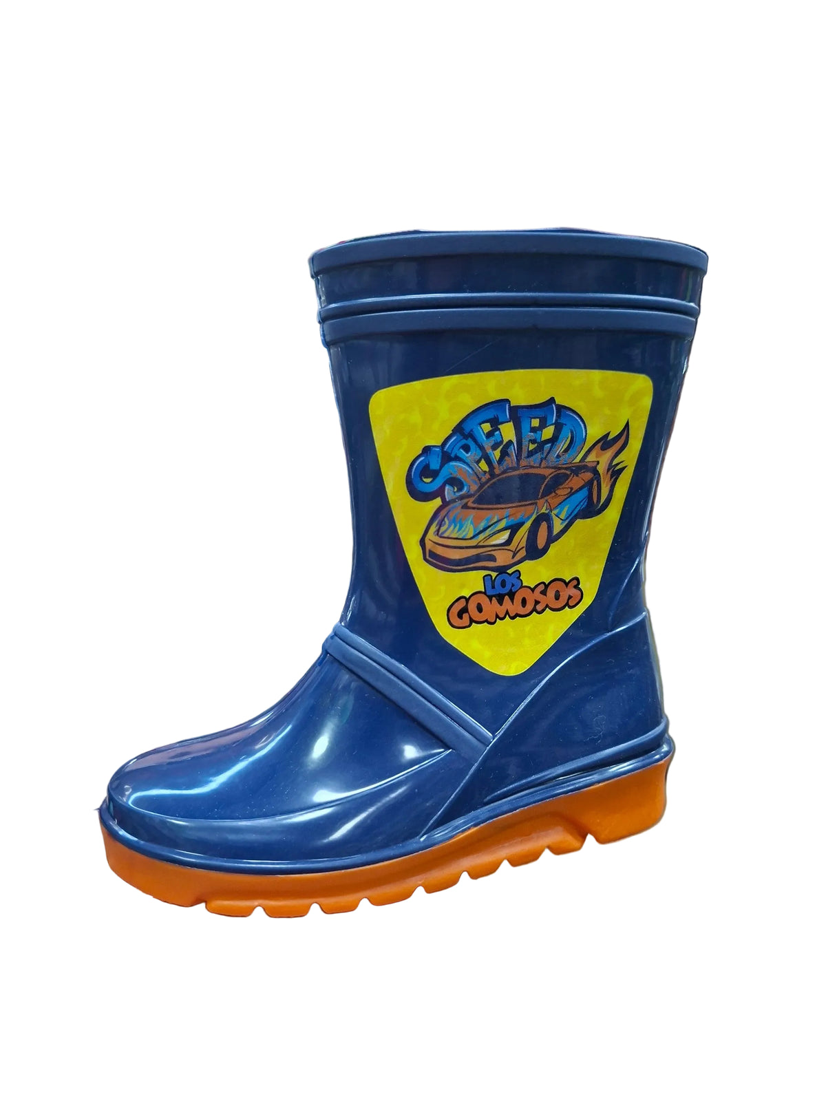 Botas de lluvia Calzakids Moritas azul marino para niños con diseño de coche de carreras y suela de goma naranja