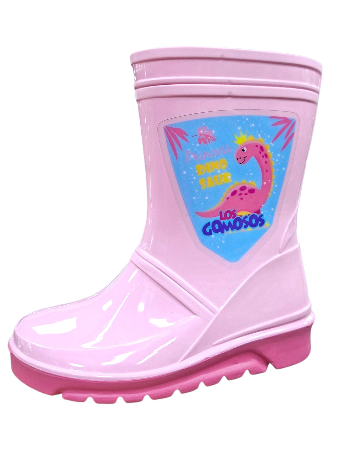 Botas de lluvia Calzakids Moritas rosas para niña con estampado de dinosaurio princesa y suela dentada antideslizante