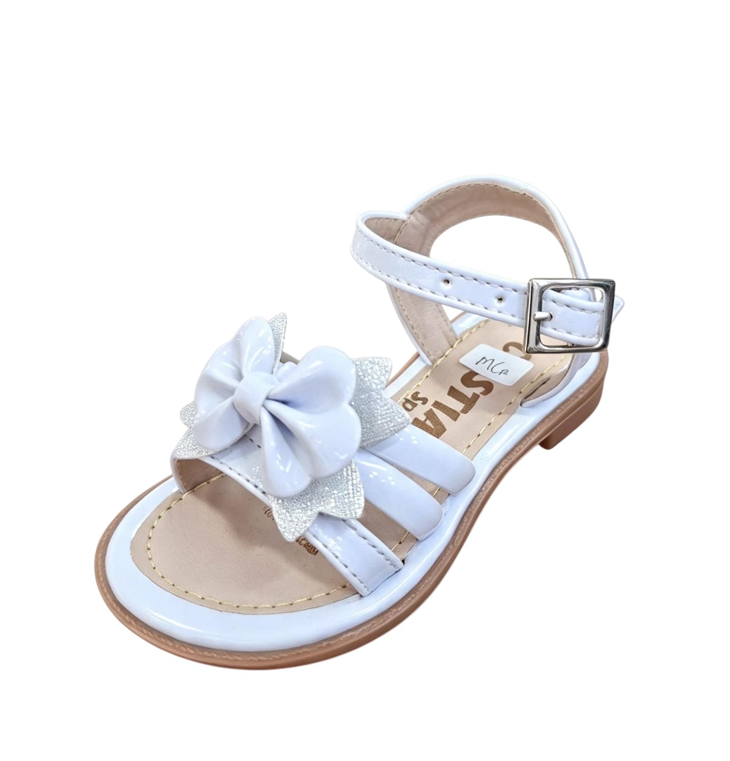 Sandalias blancas para niña Calzakids Moritas con detalle de lazo brillante y cierre de hebilla ajustable