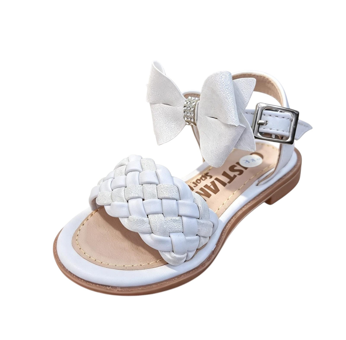 Sandalias blancas para niña Calzakids Moritas con tira trenzada, lazo decorativo brillante y cierre de hebilla lateral