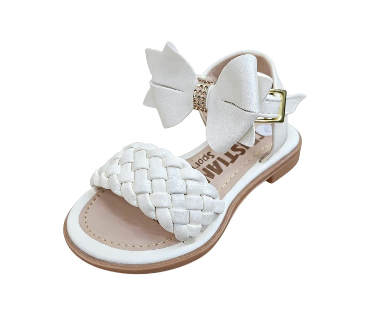 Sandalias blancas para niña Calzakids Moritas con lazo decorativo, tira trenzada y cierre de hebilla ajustable