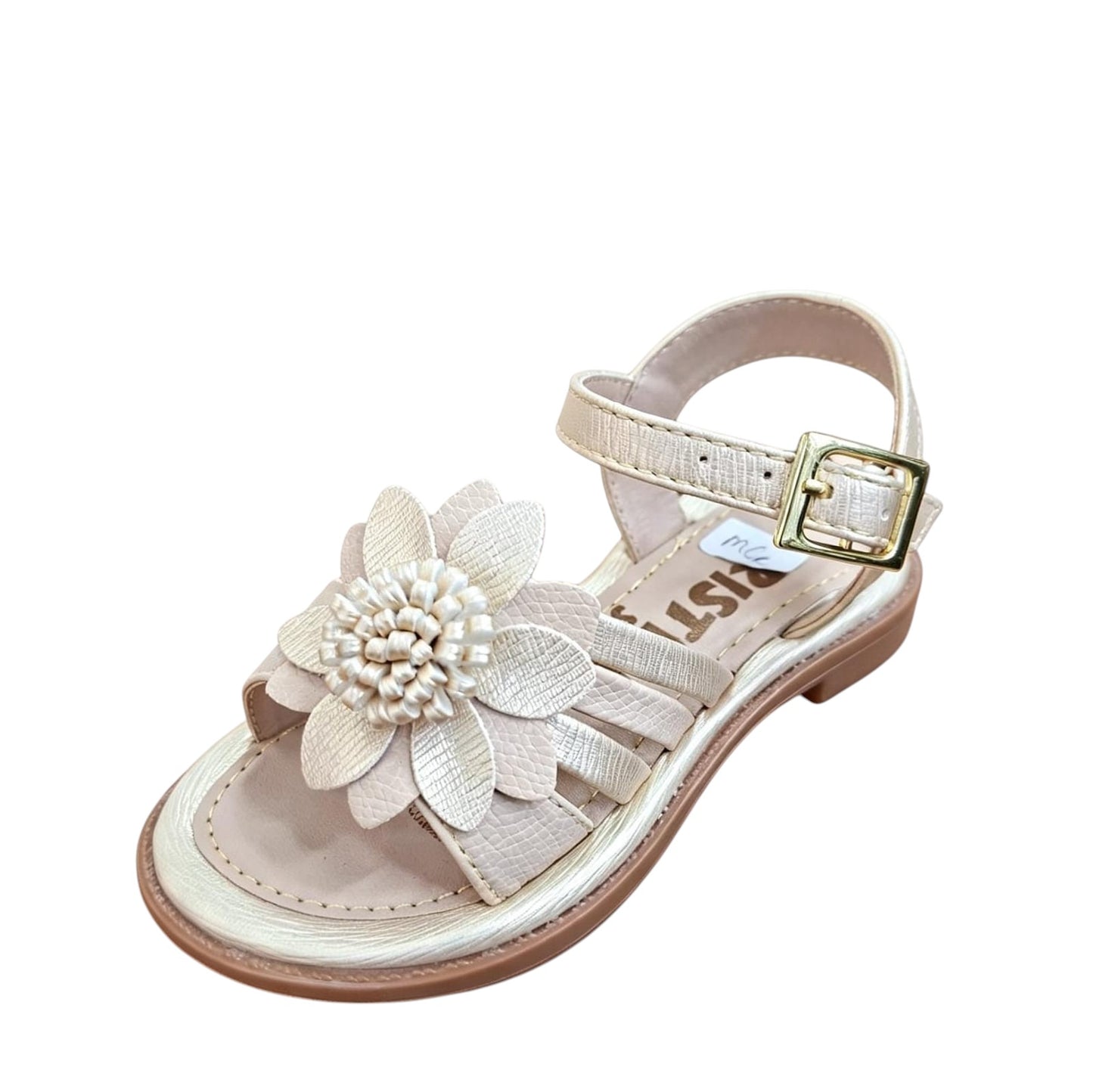 Sandalias Calzakids Moritas para niña en color champán con detalle de flor y cierre de hebilla ajustable