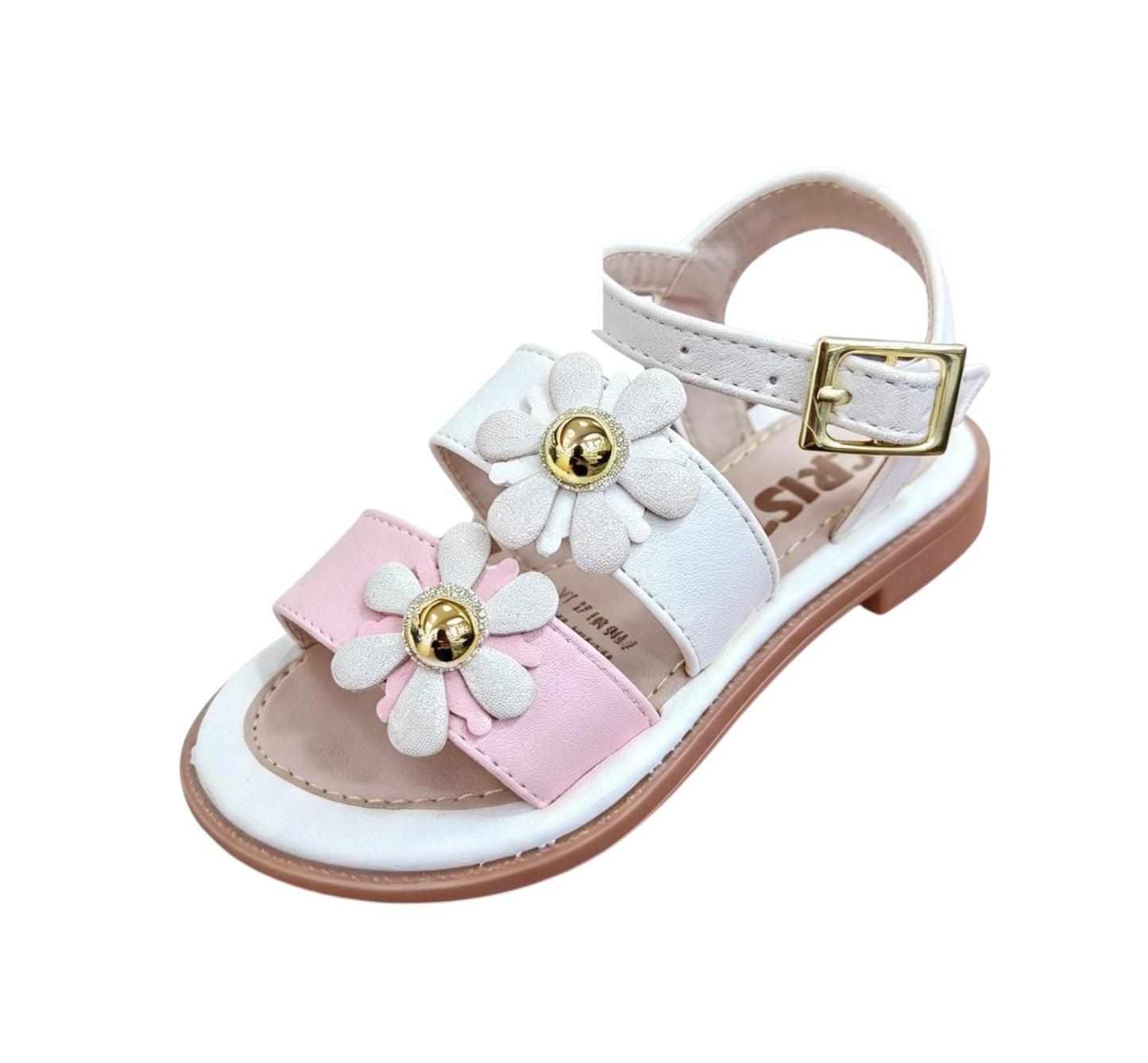 Sandalias Calzakids Moritas para niña en blanco y rosa con detalles de flores y hebilla dorada