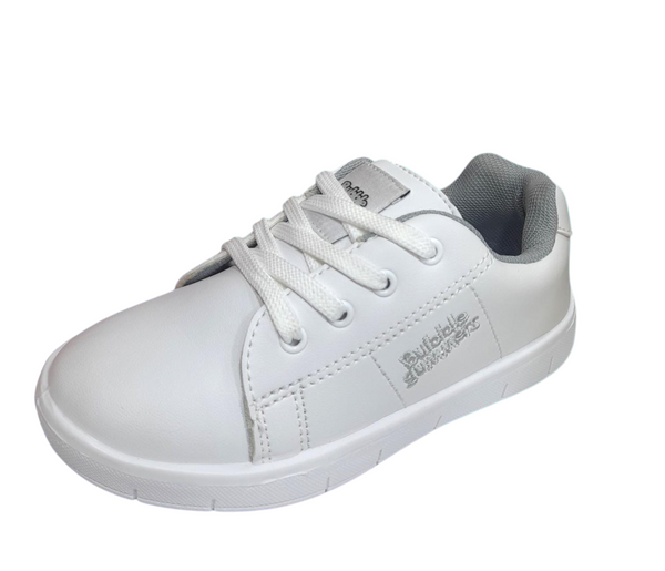 Tenis infantiles Calzakids Moritas Bubblegummers blancos con cordones y detalle gris en el tobillo
