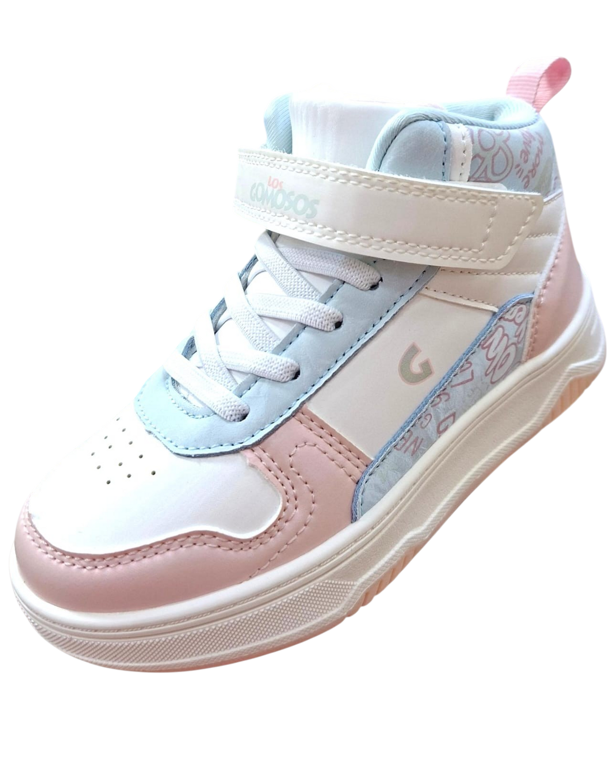 Tenis tipo bota Calzakids Moritas Los Gomosos en color blanco con detalles en rosa y azul claro, cierre de velcro.