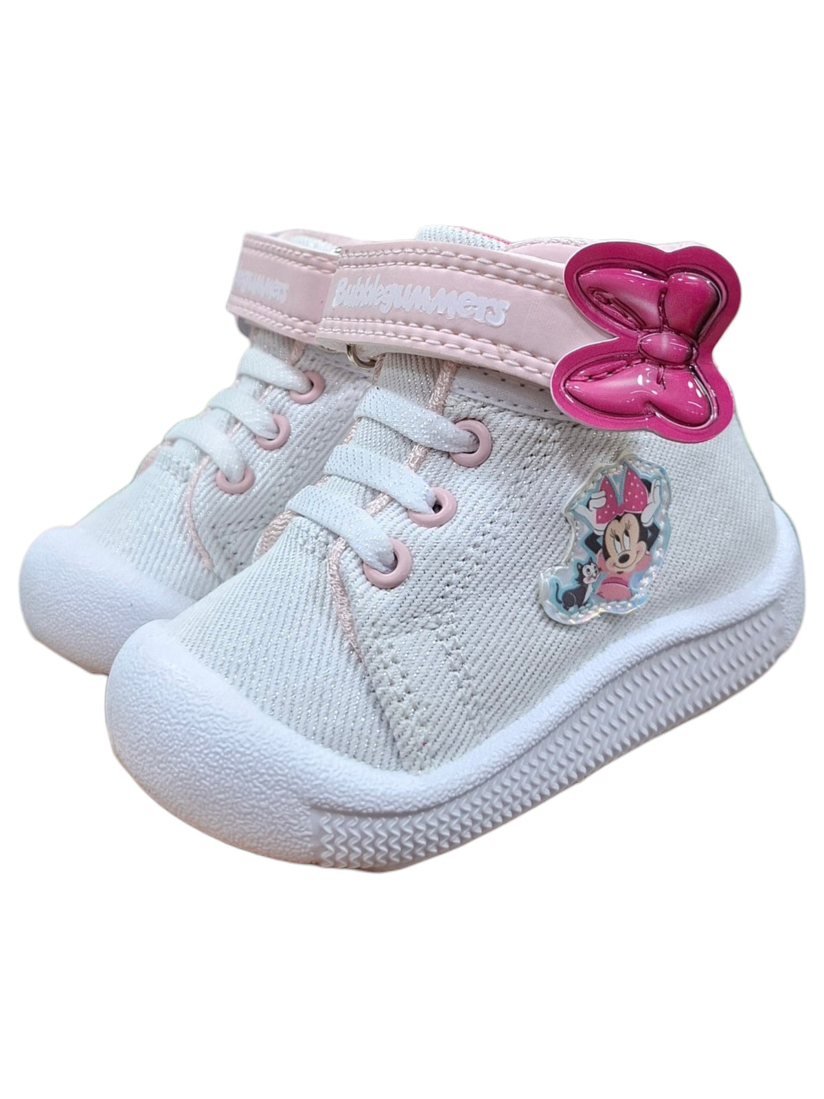 Tenis tipo bota Calzakids Moritas para niña en color blanco con detalles rosa, diseño de Minnie Mouse y velcro.