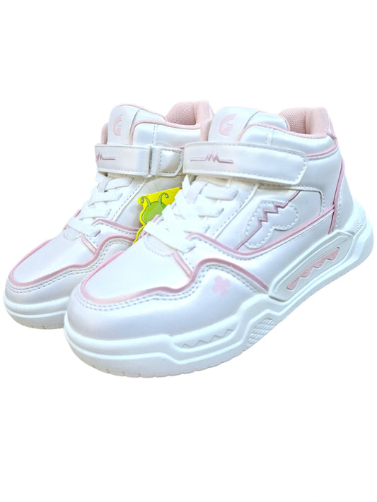 Tenis tipo bota Calzakids Moritas para niña en color blanco con detalles en rosa, cierre de velcro y cordones.