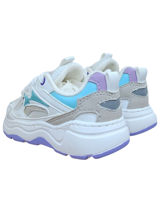 Tenis deportivos Calzakids Moritas para niña con diseño chunky, plataforma blanca y detalles en azul y violeta.