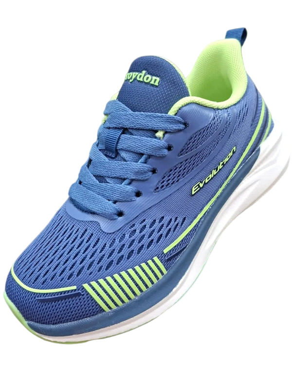 Tenis deportivos Calzakids Moritas Croydon Evolution azules con detalles verde neón y malla transpirable para niño