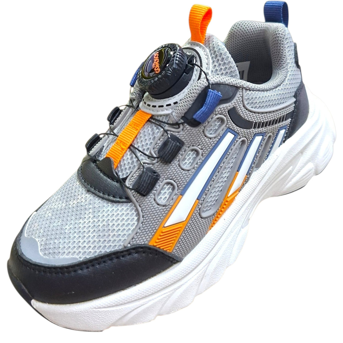 Tenis deportivos infantiles Calzakids Moritas en gris con malla transpirable, suela gruesa y sistema de ajuste de disco