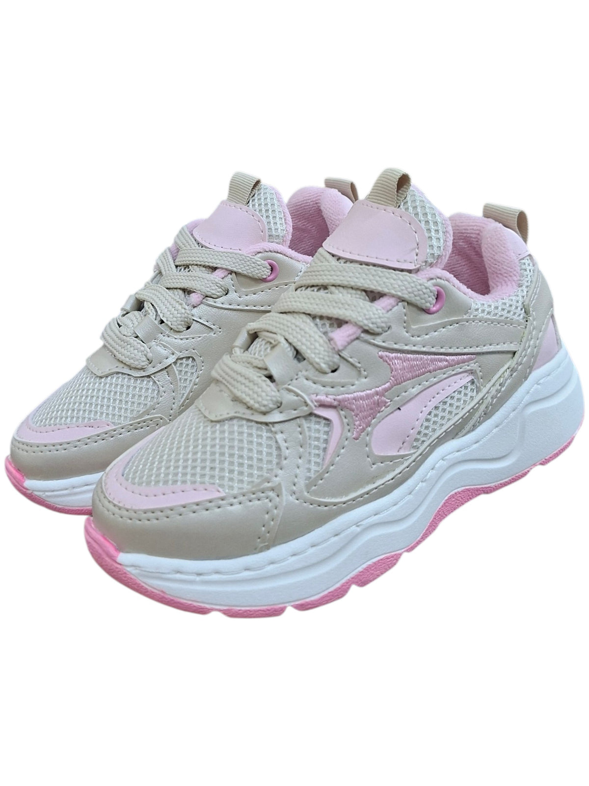 Tenis deportivos Calzakids Moritas para niña en tonos beige y rosa con malla transpirable y suela gruesa amortiguada.