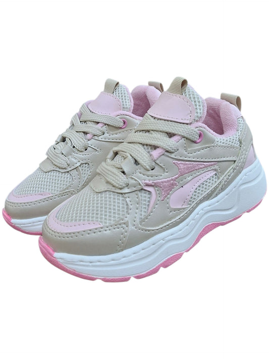 Tenis deportivos Calzakids Moritas para niña en tonos beige y rosa con malla transpirable y suela gruesa amortiguada.
