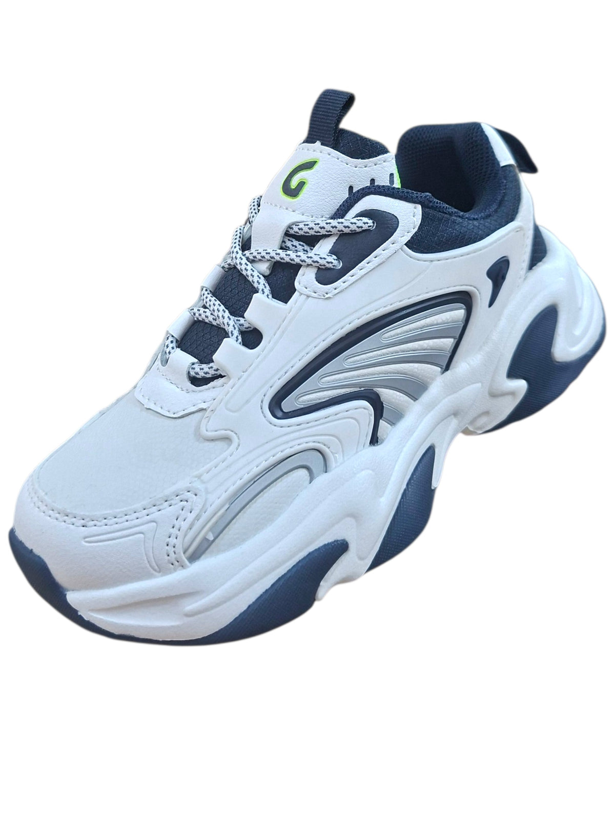 Tenis deportivos Calzakids Moritas para niño en blanco y azul marino con suela de plataforma y detalles verde neón.