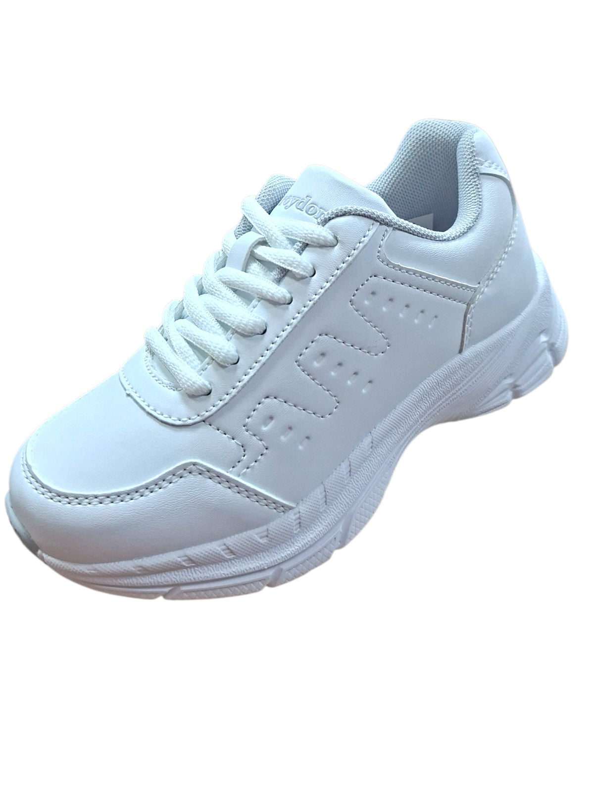 Tenis escolares Calzakids Moritas blancos de material sintético con suela robusta y ajuste de cordones para niños.