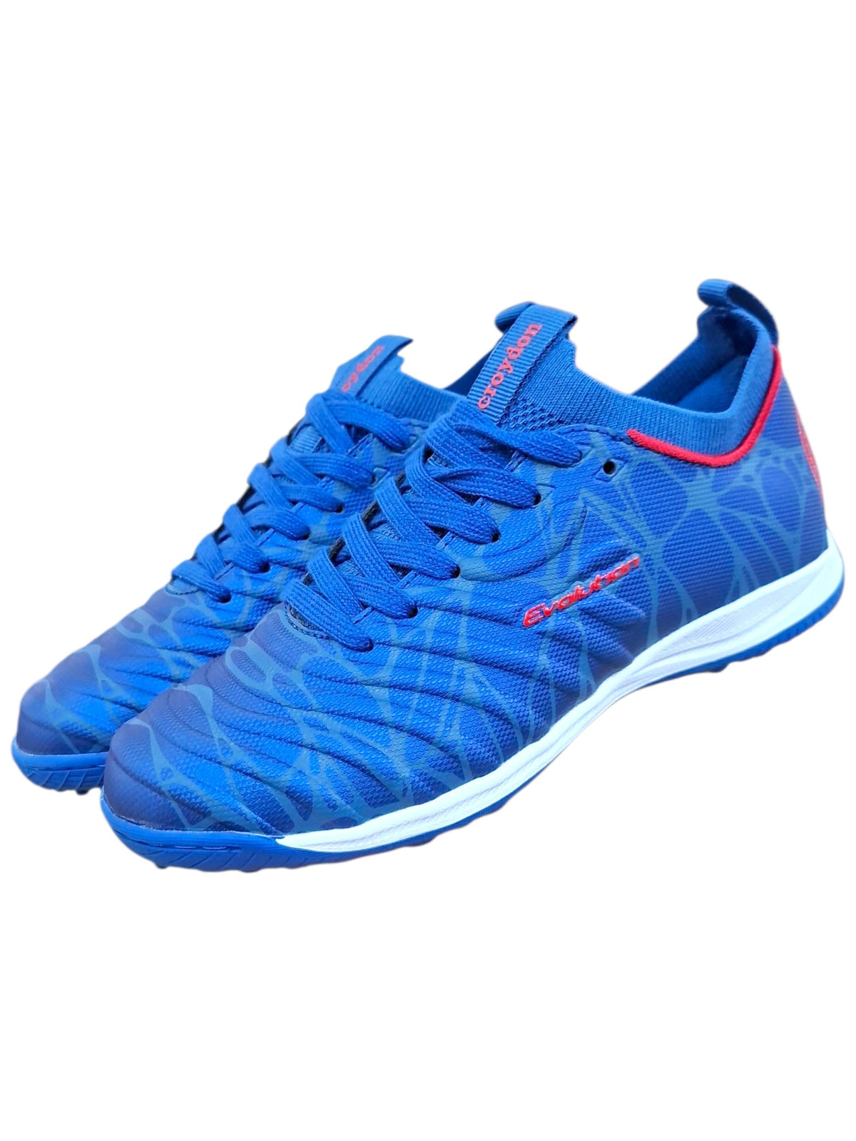 Tenis de futbol Calzakids Moritas Croydon Evolution azules con detalles rojos y suela para cesped sintetico