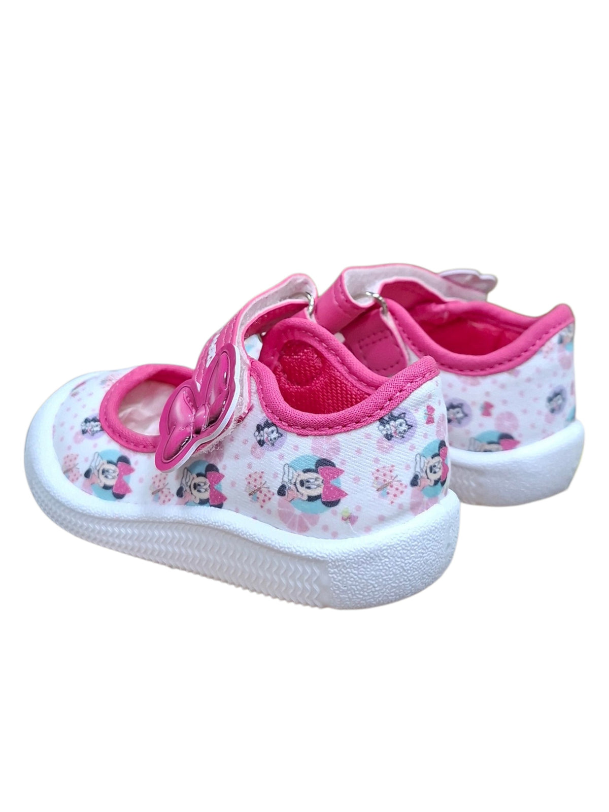 Tenis tipo bailarina Calzakids Moritas para niña con estampado de Minnie Mouse, fondo blanco y detalles en rosa.