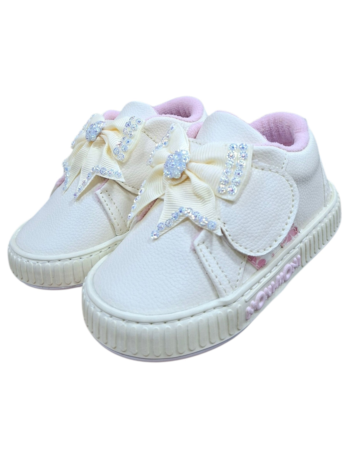 Tenis Calzakids Moritas para niña en color blanco con moño decorativo brillante y detalles en rosa suave