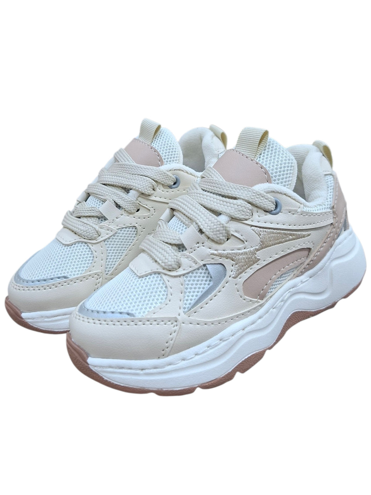 Tenis deportivos Calzakids Moritas para niña en tonos crema y beige con suela de plataforma y malla transpirable.