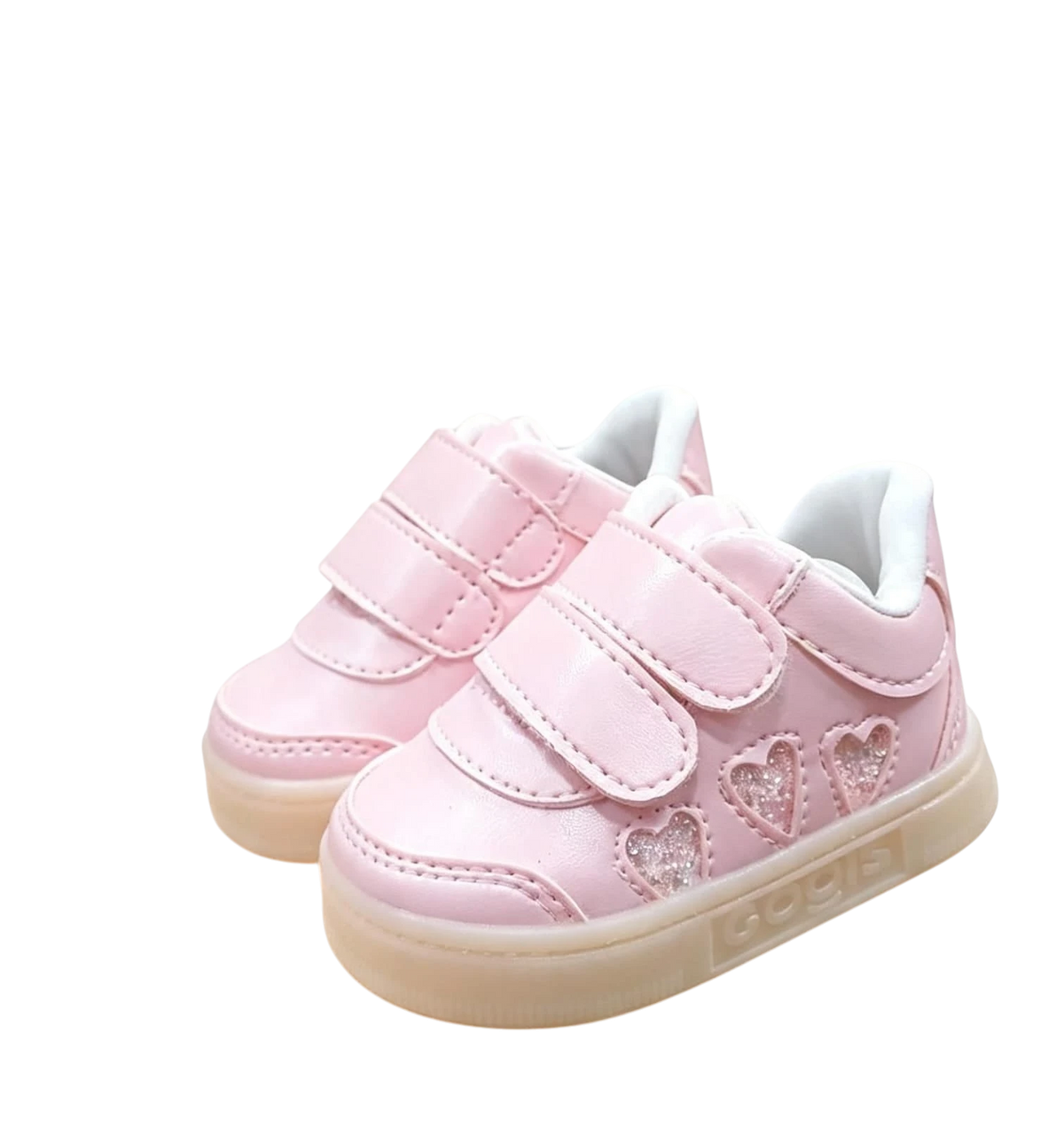Tenis infantiles Calzakids Moritas color rosa con diseño de corazones brillantes y suela con luces integradas