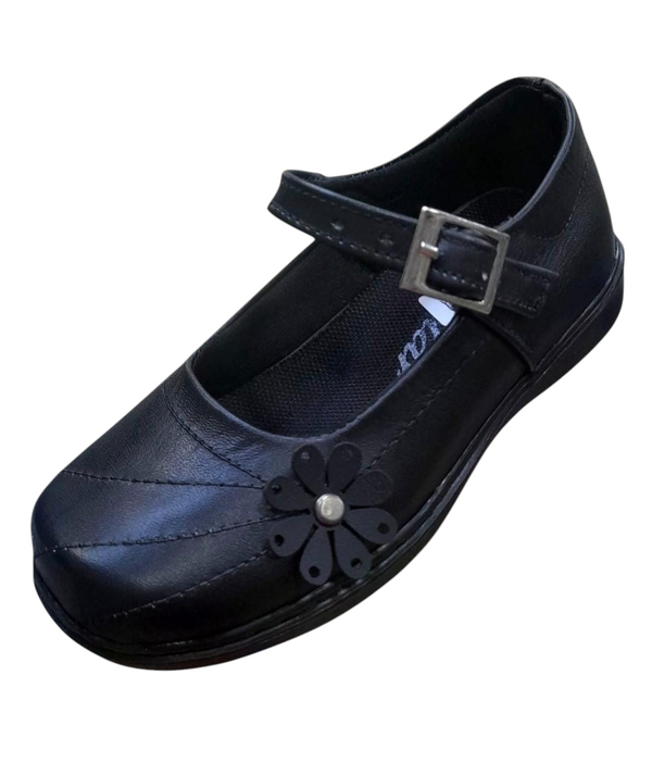 Zapato escolar negro de piel Calzakids Moritas modelo Mafalda con correa de hebilla y detalle de flor decorativa