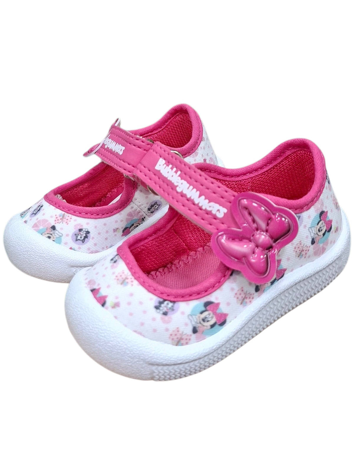 Zapatos Calzakids Moritas tipo merceditas para niña con estampado de Minnie Mouse, color blanco y rosa con velcro.