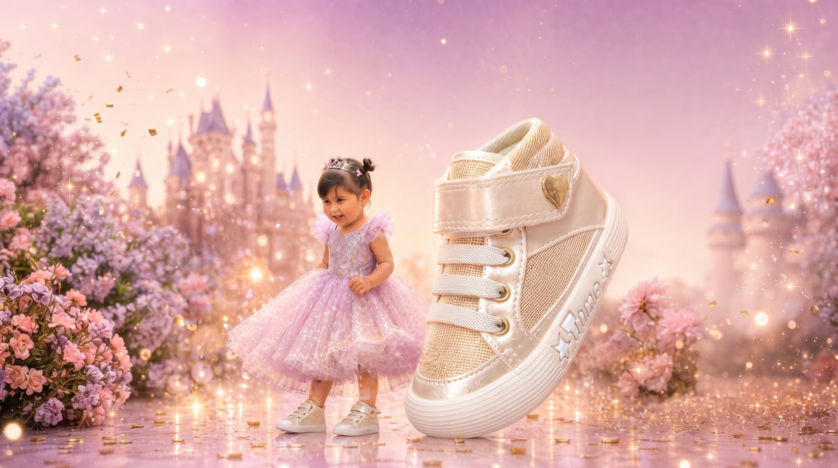 Niña real vestida de princesa junto a una bota gigante Timo champán con brillo