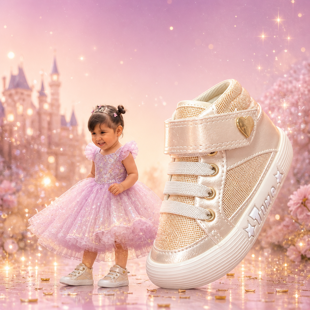 Niña real vestida de princesa junto a una bota gigante Timo champán con brillo