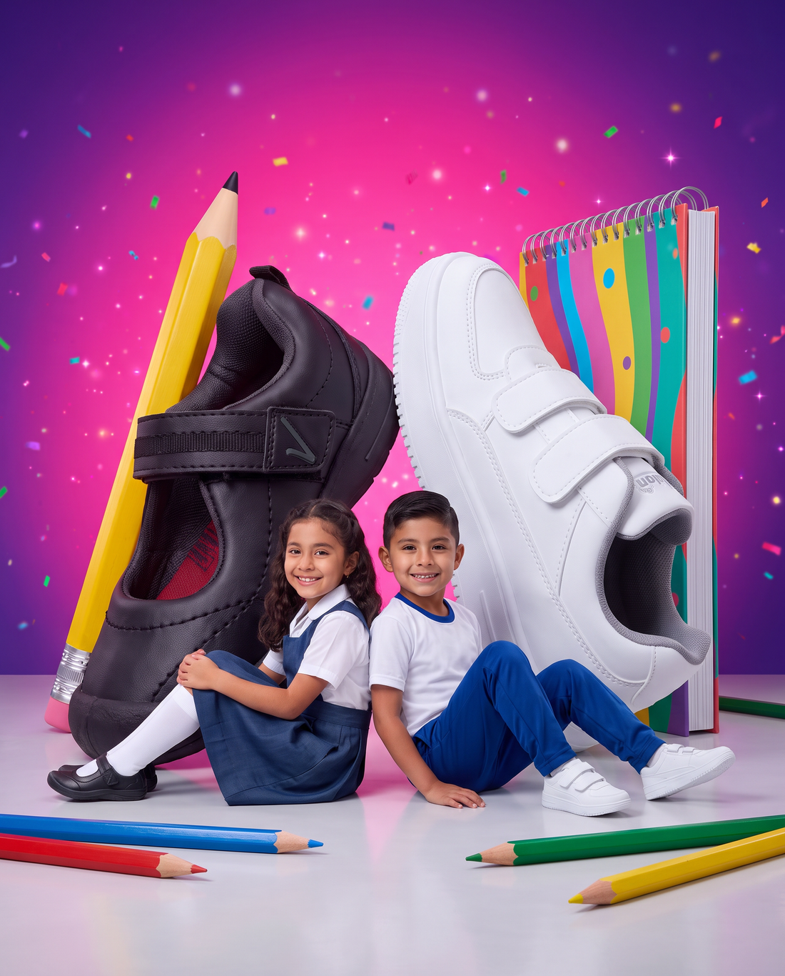 Niña con uniforme escolar y mafalda negra, niño con uniforme y tenis blancos, junto a útiles escolares gigantes