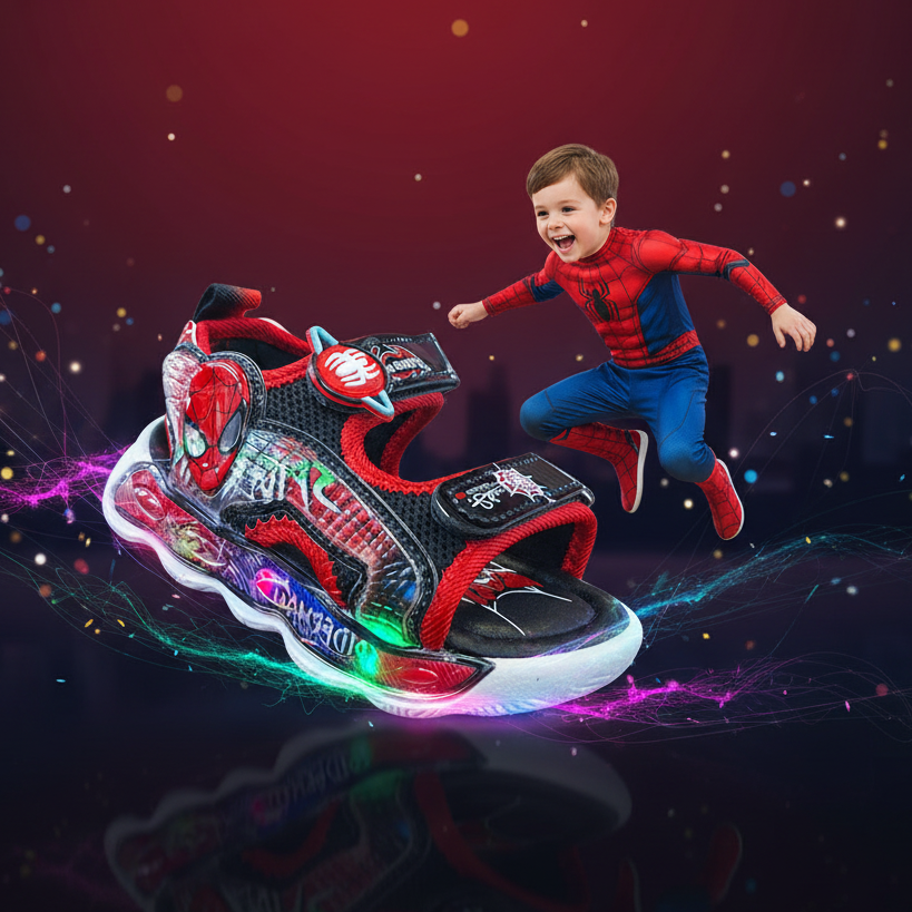 Niño con outfit de superhéroe saltando junto a una sandalia deportiva gigante Spider-Man con luces LED